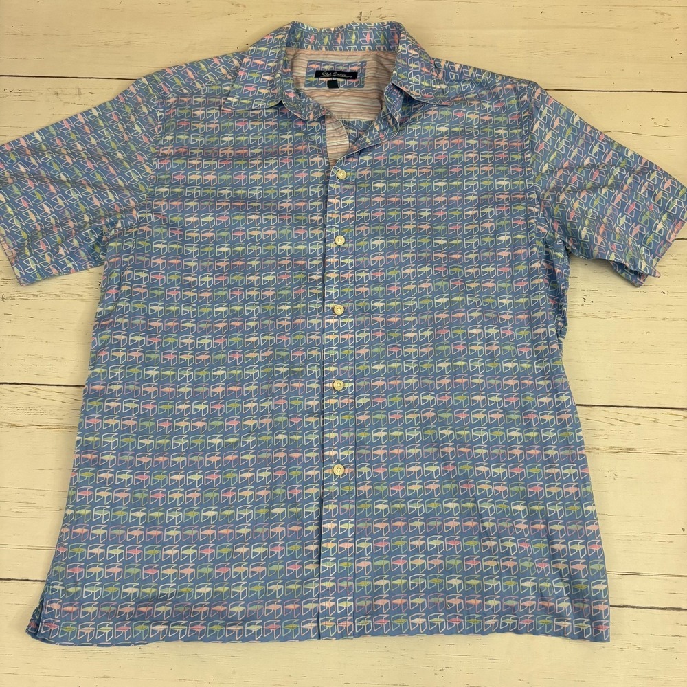 Robert Graham Geometric Shirt Mens L Blue Cotton Short Sleeve Button-Up Casual - Picture 2 of 9
